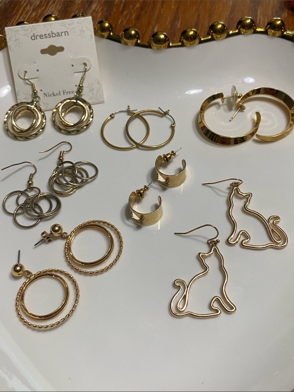 Gold Cat Outline Dangle Earrings with Polished Hoop Accents